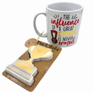 NWT LARGE CERAMIC COFFEE MUG COACH GIFT SET W/ 3 TROPHY SHAPED STICKY NOTE PADS